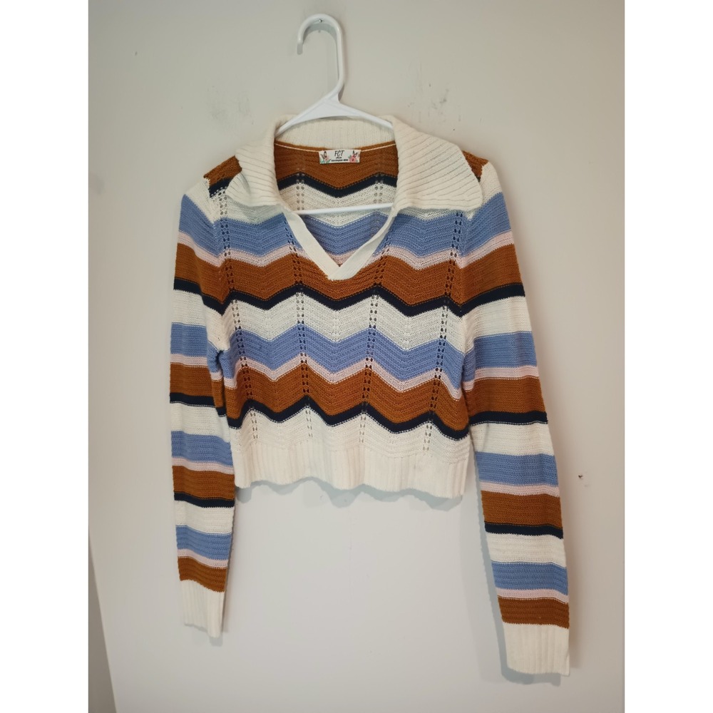 FCT With Love Cropped Knit Sweater Medium Chevron Striped Collared V-Neck 70s...